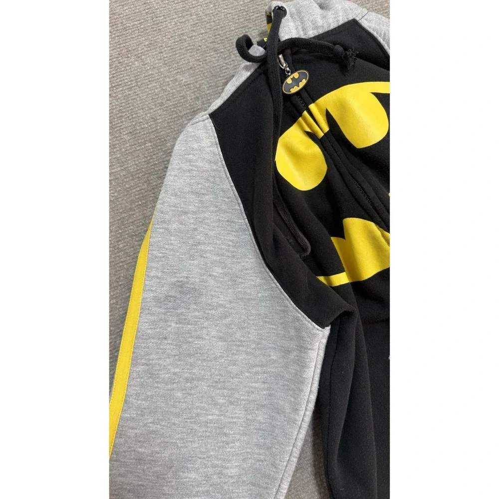 Batman Hoodie Kids Large Black Gray Yellow Full Zip Ears Fleece Logo Sweatshirt